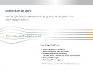 9
Embrace Lean Six Sigma
Lean Six Sigma provides a proven methodology to reduce changeover time
and increase productivity.
Lean Six Sigma Tools Provide:
n 	A metric—a standard or measurement
n 	A goal—3.4 defects per million opportunities
n 	A rigorous, process focused methodology
	 –the DMAIC process (Define, Measure, Analyze, Improve, Control)
n 	A management philosophy
n 	A scientific problem solving process
- Bill Soller, Lean Six Sigma expert -Principal/Master Black Belt, Supplier Six Sigma, LLC
Define, measure, analyze, improve, control…
 