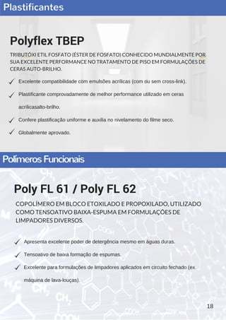 Plastificantes
Excelente compatibilidade com emulsões acrílicas (com ou sem cross­link).
Plastificante comprovadamente de melhor performance utilizado em ceras
acrílicasalto­brilho.
Confere plastificação uniforme e auxilia no nivelamento do filme seco.
Globalmente aprovado.
Polyflex TBEP
TRIBUTÓXI ETIL FOSFATO (ÉSTER DE FOSFATO) CONHECIDO MUNDIALMENTE POR
SUA EXCELENTE PERFORMANCE NO TRATAMENTO DE PISO EM FORMULAÇÕES DE
CERAS AUTO-BRILHO.
Apresenta excelente poder de detergência mesmo em águas duras.
Tensoativo de baixa formação de espumas.
Excelente para formulações de limpadores aplicados em circuito fechado (ex.
máquina de lava­louças).
Poly FL 61 / Poly FL 62
COPOLÍMERO EM BLOCO ETOXILADO E PROPOXILADO, UTILIZADO
COMO TENSOATIVO BAIXA-ESPUMA EM FORMULAÇÕES DE
LIMPADORES DIVERSOS.
PolímerosFuncionais
18
 