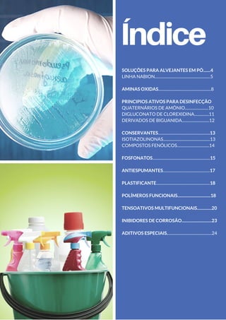 Índice
SOLUÇÕES PARA ALVEJANTES EM PÓ.......4
LINHA NABION.........................................................5
AMINAS OXIDAS......................................................8
PRINCIPIOS ATIVOS PARA DESINFECÇÃO
QUATERNÁRIOS DE AMÔNIO........................10
DIGLUCONATO DE CLOREXIDINA...............11
DERIVADOS DE BIGUANIDA............................12
CONSERVANTES.....................................................13
ISOTIAZOLINONAS................................................13
COMPOSTOS FENÓLICOS.................................14
FOSFONATOS...........................................................15
ANTIESPUMANTES................................................17
PLASTIFICANTE.......................................................18
POLÍMEROS FUNCIONAIS................................18
TENSOATIVOS MULTIFUNCIONAIS..............20
INIBIDORES DE CORROSÃO.............................23
ADITIVOS ESPECIAIS..............................................24
 