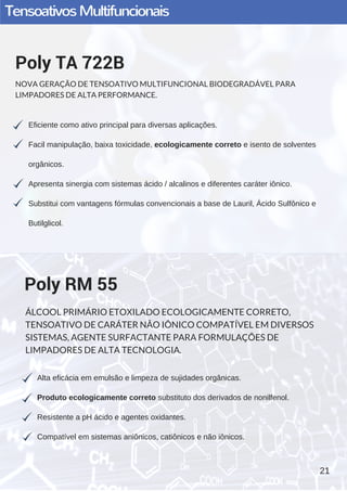 TensoativosMultifuncionais
Eficiente como ativo principal para diversas aplicações.
Facil manipulação, baixa toxicidade, ecologicamente correto e isento de solventes
orgânicos. 
Apresenta sinergia com sistemas ácido / alcalinos e diferentes caráter iônico.
Substitui com vantagens fórmulas convencionais a base de Lauril, Ácido Sulfônico e
Butilglicol.
Poly TA 722B
NOVA GERAÇÃO DE TENSOATIVO MULTIFUNCIONAL BIODEGRADÁVEL PARA
LIMPADORES DE ALTA PERFORMANCE.
Alta eficácia em emulsão e limpeza de sujidades orgânicas.
Produto ecologicamente correto substituto dos derivados de nonilfenol.
Resistente a pH ácido e agentes oxidantes.
Compatível em sistemas aniônicos, catiônicos e não iônicos.
Poly RM 55
ÁLCOOL PRIMÁRIO ETOXILADO ECOLOGICAMENTE CORRETO,
TENSOATIVO DE CARÁTER NÃO IÔNICO COMPATÍVEL EM DIVERSOS
SISTEMAS, AGENTE SURFACTANTE PARA FORMULAÇÕES DE
LIMPADORES DE ALTA TECNOLOGIA.
21
 