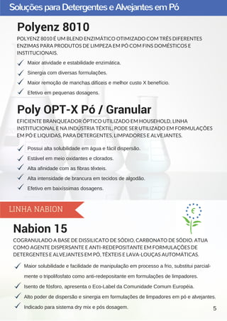 SoluçõesparaDetergenteseAlvejantesemPó
Maior atividade e estabilidade enzimática.
Sinergia com diversas formulações.
Maior remoção de manchas difíceis e melhor custo X benefício.
Efetivo em pequenas dosagens.
Polyenz 8010
POLYENZ 8010 É UM BLEND ENZIMÁTICO OTIMIZADO COM TRÊS DIFERENTES
ENZIMAS PARA PRODUTOS DE LIMPEZA EM PÓ COM FINS DOMÉSTICOS E
INSTITUCIONAIS.
Maior solubilidade e facilidade de manipulação em processo a frio, substitui parcial­
mente o tripolifosfato como anti­redepositante em formulações de limpadores.
Isento de fósforo, apresenta o Eco­Label da Comunidade Comum Européia.
Alto poder de dispersão e sinergia em formulações de limpadores em pó e alvejantes.
Indicado para sistema dry mix e pós dosagem.
Nabion 15
COGRANULADO A BASE DE DISSILICATO DE SÓDIO, CARBONATO DE SÓDIO. ATUA
COMO AGENTE DISPERSANTE E ANTI-REDEPOSITANTE EM FORMULAÇÕES DE
DETERGENTES E ALVEJANTES EM PÓ, TÊXTEIS E LAVA-LOUÇAS AUTOMÁTICAS.
5
LINHA NABION
Possui alta solubilidade em água e fácil dispersão.
Estável em meio oxidantes e clorados.
Alta afinidade com as fibras têxteis.
Alta intensidade de brancura em tecidos de algodão.
Efetivo em baixíssimas dosagens.
Poly OPT-X Pó / Granular
EFICIENTE BRANQUEADOR ÓPTICO UTILIZADO EM HOUSEHOLD, LINHA
INSTITUCIONAL E NA INDÚSTRIA TÊXTIL, PODE SER UTILIZADO EM FORMULAÇÕES
EM PÓ E LIQUIDAS, PARA DETERGENTES, LIMPADORES E ALVEJANTES.
 