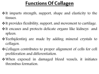 Functions Of Collagen
It imparts strength, support, shape and elasticity to the
tissues.
It provides flexibility, support, and movement to cartilage.
It encases and protects delicate organs like kidneys and
spleen.
Teeth(dentin) are made by adding mineral crystals to
collagen.
Collagen contributes to proper alignment of cells for cell
proliferation and differentiation.
When exposed in damaged blood vessels, it initiates
thrombus formation.
 