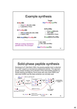 46
Example synthesis
Target
Asp-Phe-Gly-Lys-Pro
i Fmoc-Phe-OH, DCC, HOBt
ii, piperidine (- Fmoc)
H-Gly-OEt
H-Lys(BOC)-Pro-OtBu
H-Pro-OtBu
H-Phe-Gly-OEt
i BOC-Asp(OtBu)-OH, DCC, HOBt
ii, NaOH (- OEt)
BOC-Asp(OtBu)-Phe-Gly-OH
i Fmoc-Lys(BOC)-OH,
DCC, HOBt
ii, piperidine (- Fmoc)
Asp-Phe-Gly-Lys-Pro
i DCC, HOBt
ii, TFA (- BOC and OtBu)If 90% per coupling / deprotection:
yield 65% linear, 73% convergent
91
Solid-phase peptide synthesis
Developed by R. Merrifield (1963), the growing peptide chain is attached
to a “solid” support (a macroporous polystyrene particle). This approach
greatly assists handling and purification of the intermediate peptides by
simple washing and filtering. Amino acids with main chain FMOC and
side chain N-BOC and tBu ester protection are normally used.
92
 
