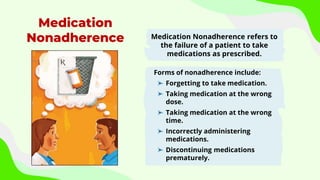 Medication
Nonadherence
Forms of nonadherence include:
Forgetting to take medication.
Taking medication at the wrong
dose.
Taking medication at the wrong
time.
Incorrectly administering
medications.
Discontinuing medications
prematurely.
Medication Nonadherence refers to
the failure of a patient to take
medications as prescribed.
 