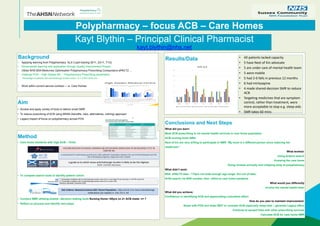 Polypharmacy – focus ACB – Care Homes
Background
• Applying learning from Polypharmacy ALS 3 part training (9/11, 23/11, 7/12)
• Demonstrate learning and application through Quality Improvement Project
• Utilise NHS BSA Medicines Optimisation Polypharmacy Prescribing Comparators ePACT2….
• Hastings PCN – High Glades MC – Polypharmacy Prescribing parameters
Percentage of patients with anticholinergic burden score > 6 = 0.25% at 85 yrs+
• Work within current service contract – i.e. Care Homes
Results/Data
Kayt Blythin – Principal Clinical Pharmacist
kayt.blythin@nhs.net
Aim
• Access and apply variety of tools to deliver smart SMR
• To reduce prescribing of ACB using BRAN (benefits, risks, alternatives, nothing) approach
• Legacy impact of focus on polypharmacy across PCN
Method
• Care home residents with high ACB – Tools
• To compare search tools to identify patient cohort
• Conduct SMR utilising shared –decision making tools Nursing Home >65yrs on 2+ ACB meds: n= 7
• Reflect on process and identify next steps
Conclusions and Next Steps
What did you learn:
Most ACB prescribing is via mental health services in care home population
ACB scoring tools differ
Next of kin are very willing to participate in SMR “My mum is a different person since reducing her
medicines”
What worked:
Using Ardens search
Knowing the care home
Doing reviews annually and chipping away at polypharmacy
What didn’t work:
BSA ePACT2 data - >75yrs not wide enough age range; Oct out of date;
N=92 search via NHS number, then refine to care home residents
What would you differently
Involve the mental health team
What did you achieve:
Confidence in identifying ACB and appreciating cumulative effect
How do you plan to maintain improvement:
Share with PCN and wider MDT to consider ACB especially sleep aids – generate Legacy effect
Continue to spread links with other prescribing services
Calculate ACB for care home SMR
ASSESSING MEDICATION FOR DIZZINESS, DROWSINESS AND ANTICHOLINERGIC BURDEN (USING THE ANTICHOLINERGIC EFFECT ON
COGNITION TOOL
a practical tool for optimising prescribing for older patients4. Association between the use of Anticholinergics and the
risk of developing cognitive impairment and of death
a guide as to which areas anticholinergic burden is likely to be the highest:
AVOID : CAUTION: Alternatives
1. Percentage of patients with an anticholinergic burden score of 6 or more Aged 75 yrs and over n= 7(2 RIP, none CH)
2. Percentage of patients with an anticholinergic burden score of 6 or more n=92
Month(s) requested: November 2022
OLD Ardens> Network Contract DES: Parent Population: >65y and on 2 or more anticholinergic
medications (on repeat) n= 133, CH n= 43
• All patients lacked capacity
• 5 have Next of Kin advocate
• 5 are under care of mental health team
• 5 were mobile
• 5 had 2-6 falls in previous 12 months
• 6 had mirtazapine
• 4 made shared-decision SMR to reduce
ACB
• Targeting medicines that are symptom
control, rather than treatment, were
more acceptable to stop e.g. sleep aids
• SMR takes 60 mins
0
2
4
6
8
10
12
M 85y M 69 y F 75y F 72y F 82y F 89y M 67y
SMR ACB
Nos ACB meds @ START Medichec SCORE ACB calc SCORE Nos ACB meds @ END
 
