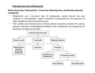 Poly phenols and anthocyanins
Before discussing "Anthocyanins", let see the following chart, classification phenolic
compounds .
• Polyphenols are a structural class of compounds, mainly natural, but also
synthetic or semisynthetic, organic chemicals characterized by the presence of
large multiples of phenol structural units.
• The number and characteristics of these phenol structures underlie the unique
physical, chemical, and biological (metabolic, toxic, therapeutic, etc.) properties of
particular members of the class.
 
