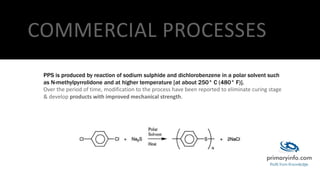 COMMERCIAL PROCESSES
PPS is produced by reaction of sodium sulphide and dichlorobenzene in a polar solvent such
as N-methylpyrrolidone and at higher temperature [at about 250° C (480° F)].
Over the period of time, modification to the process have been reported to eliminate curing stage
& develop products with improved mechanical strength.
 