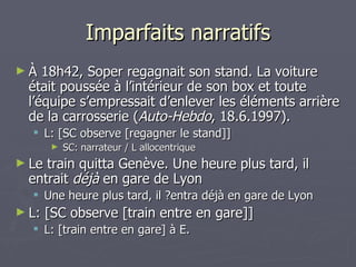 Imparfaits narratifs À 18h42, Soper regagnait son stand. La voiture était poussée à l’intérieur de son box et toute l’équipe s’empressait d’enlever les éléments arrière de la carrosserie ( Auto-Hebdo , 18.6.1997).  L: [SC observe [regagner le stand]] SC: narrateur / L allocentrique Le train quitta Genève. Une heure plus tard, il entrait  déjà  en gare de Lyon Une heure plus tard, il ?entra déjà en gare de Lyon L: [SC observe [train entre en gare]] L: [train entre en gare] à E. 