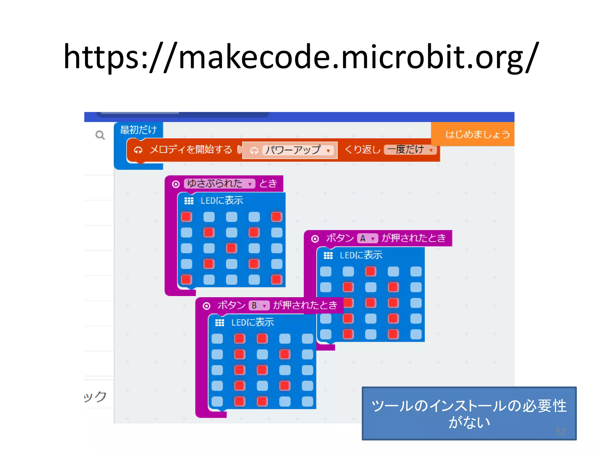 https://makecode.microbit.org/
ツールのインストールの必要性
がない 52
 