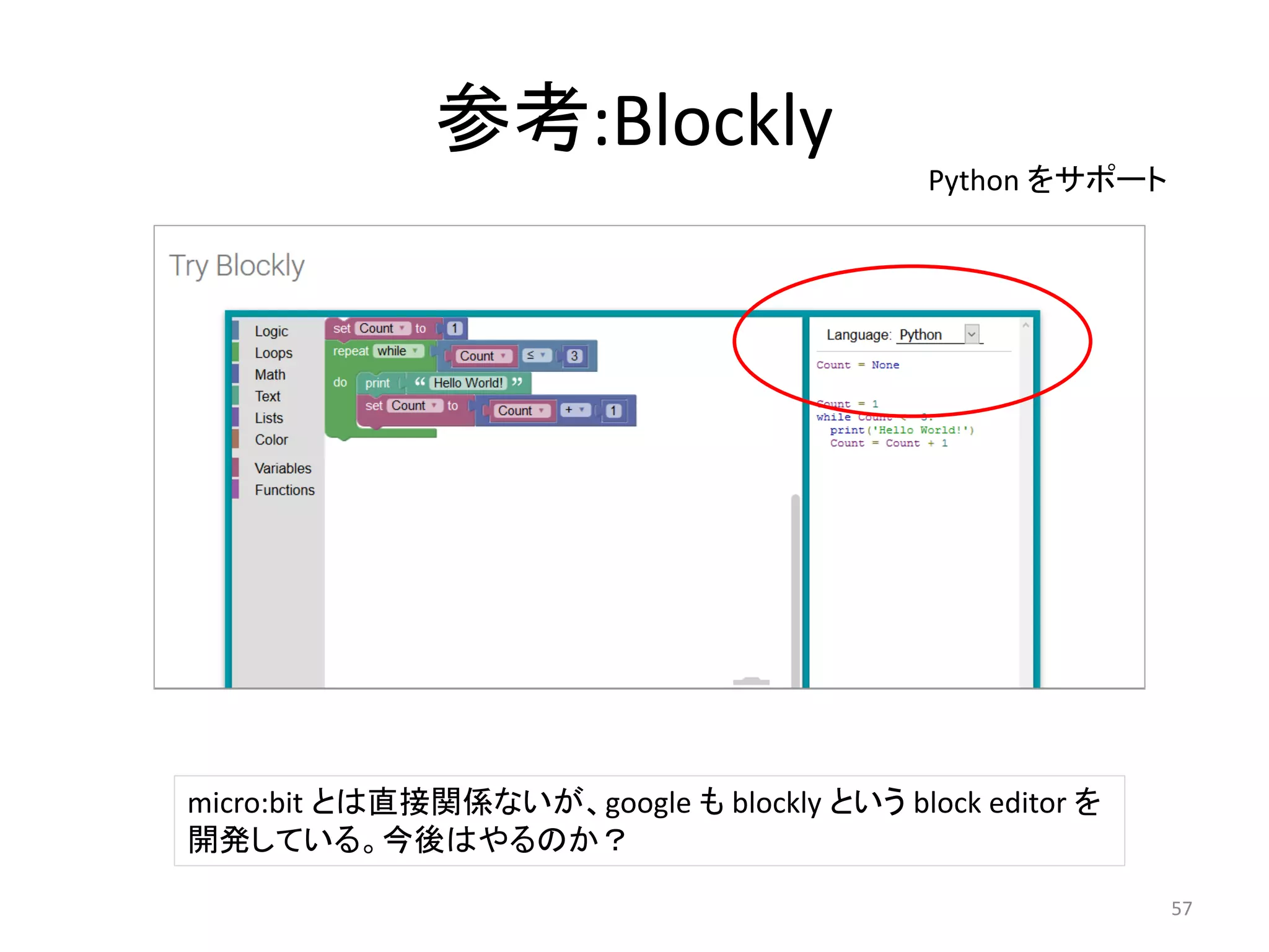 参考:Blockly
Python をサポート
micro:bit とは直接関係ないが、google も blockly という block editor を
開発している。今後はやるのか？
57
 