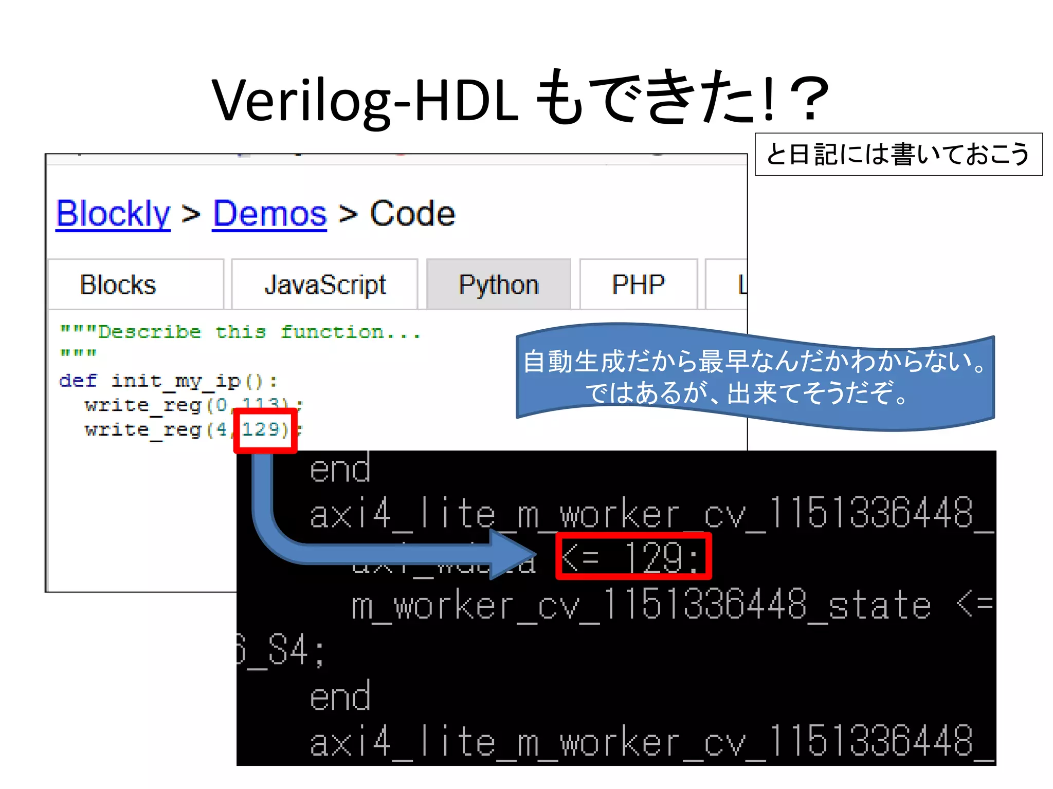 Verilog-HDL もできた!？
60
自動生成だから最早なんだかわからない。
ではあるが、出来てそうだぞ。
と日記には書いておこう
 