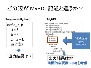 どの辺が MyHDL 記述と違うか？
Polyphony (Python) MyHDL
def a_b():
a = 3
b = 4
c = a + b
print(c)
出力結果は 7
def a_b(clock, start, done, reset):
a = Signal(intbv(0)[7:])
b = Signal(intbv(0)[7:])
c = Signal(intbv(0)[7:])
@always_seq(clock.posedge, reset=reset)
def logic():
if reset:
a.next = 3
b.next = 4
else:
while True:
if start:
c.next = a + b
done.next = True
return logic
出力結果は7?
19
nextという
特別な
キーワード
 