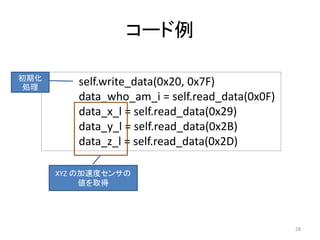 コード例
self.write_data(0x20, 0x7F)
data_who_am_i = self.read_data(0x0F)
data_x_l = self.read_data(0x29)
data_y_l = self.read_data(0x2B)
data_z_l = self.read_data(0x2D)
28
初期化
処理
XYZ の加速度センサの
値を取得
 
