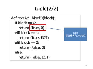 def receive_block0(block):
if block == 0:
return (True, 0)
elif block == 1:
return (True, EOT)
elif block == 2:
return (False, 0)
else:
return (False, EOT)
tuple(2/2)
39
tuple
構造体みたいなもの
 