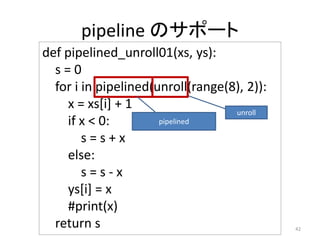 pipeline のサポート
42
def pipelined_unroll01(xs, ys):
s = 0
for i in pipelined(unroll(range(8), 2)):
x = xs[i] + 1
if x < 0:
s = s + x
else:
s = s - x
ys[i] = x
#print(x)
return s
unroll
pipelined
 