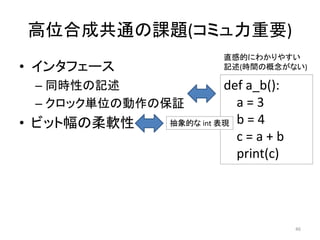 高位合成共通の課題(コミュ力重要)
• インタフェース
– 同時性の記述
– クロック単位の動作の保証
• ビット幅の柔軟性
def a_b():
a = 3
b = 4
c = a + b
print(c)
直感的にわかりやすい
記述(時間の概念がない)
抽象的な int 表現
46
 