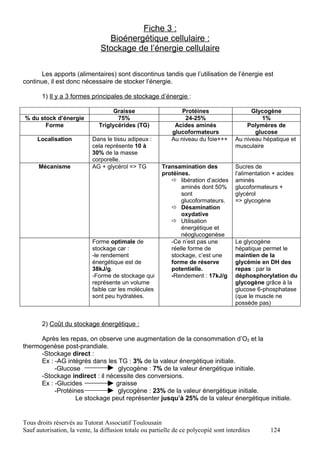 Fiche 3 :
                                 Bioénergétique cellulaire :
                               Stockage de l’énergie cellulaire

       Les apports (alimentaires) sont discontinus tandis que l’utilisation de l’énergie est
continue, il est donc nécessaire de stocker l’énergie.

       1) Il y a 3 formes principales de stockage d’énergie :

                                     Graisse                    Protéines                    Glycogène
% du stock d’énergie                  75%                        24-25%                         1%
       Forme                   Triglycérides (TG)            Acides aminés                 Polymères de
                                                            glucoformateurs                   glucose
     Localisation           Dans le tissu adipeux :         Au niveau du foie+++       Au niveau hépatique et
                            cela représente 10 à                                       musculaire
                            30% de la masse
                            corporelle.
      Mécanisme             AG + glycérol => TG         Transamination des             Sucres de
                                                        protéines.                     l’alimentation + acides
                                                            libération d’acides       aminés
                                                               aminés dont 50%         glucoformateurs +
                                                               sont                    glycérol
                                                               glucoformateurs.        => glycogène
                                                            Désamination
                                                               oxydative
                                                            Utilisation
                                                               énergétique et
                                                               néoglucogenèse
                            Forme optimale de              -Ce n’est pas une           Le glycogène
                            stockage car :                 réelle forme de             hépatique permet le
                            -le rendement                  stockage, c’est une         maintien de la
                            énergétique est de             forme de réserve            glycémie en DH des
                            38kJ/g.                        potentielle.                repas : par la
                            -Forme de stockage qui         -Rendement : 17kJ/g         déphosphorylation du
                            représente un volume                                       glycogène grâce à la
                            faible car les molécules                                   glucose 6-phosphatase
                            sont peu hydratées.                                        (que le muscle ne
                                                                                       possède pas)


       2) Coût du stockage énergétique :

      Après les repas, on observe une augmentation de la consommation d’O2 et la
thermogenèse post-prandiale.
      -Stockage direct :
      Ex : -AG intégrés dans les TG : 3% de la valeur énergétique initiale.
           -Glucose               glycogène : 7% de la valeur énergétique initiale.
      -Stockage indirect : il nécessite des conversions.
      Ex : -Glucides             graisse
           -Protéines            glycogène : 23% de la valeur énergétique initiale.
                   Le stockage peut représenter jusqu’à 25% de la valeur énergétique initiale.


Tous droits réservés au Tutorat Associatif Toulousain
Sauf autorisation, la vente, la diffusion totale ou partielle de ce polycopié sont interdites       124
 