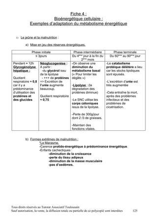 Fiche 4 :
                           Bioénergétique cellulaire :
               Exemples d’adaptation du métabolisme énergétique


   1) Le jeûne et la malnutrition :

           a) Mise en jeu des réserves énergétiques.

                 Phase initiale                 Phase intermédiaire                 Phase terminale
                   ≤ 3jours                   Du 4ème jour à la fin du            Du 60ème au 90ème jour
                                                     2ème mois
 Pendant ≈ 12h          Néoglucogenèse : -On observe une                       -Le catabolisme
 Glycogénolyse          A partir :            diminution du                    protéique délétère a lieu
 hépatique :              -du glycérol issu   métabolisme basal                car les stocks lipidiques
                        de la lipolyse        (« Pour limiter les              sont épuisés.
 Quotient                 - +++ de protéines dégâts »)
 respiratoire ≈ 0,8     => Excrétion de                                        -L’excrétion d’urée est
 car il y a             l’urée augmente       -Lipolyse : (la                  très augmentée
 prédominance           beaucoup.             dégradation des
 d’utilisation des                            protéines diminue)               -Cela entraîne la mort,
 protéines et           Quotient respiratoire                                  après des problèmes
 des glucides           ≈ 0,75                -Le SNC utilise les              infectieux et des
                                              corps cétoniques                 problèmes de
                                              issus de la lipolyse.            cicatrisation.

                                                  -Perte de 300g/jour
                                                  dont 2 /3 de graisses.

                                                  -Maintien des
                                                  fonctions vitales.


           b) Formes extrêmes de malnutrition :
                   *Le Marasme.
                   -Carence protido-énergétique à prédominance énergétique.
                   -Enfants cachectiques :
                          -diminution de la croissance
                          -perte du tissu adipeux
                          -diminution de la masse musculaire
                          -pas d’oedèmes.




Tous droits réservés au Tutorat Associatif Toulousain
Sauf autorisation, la vente, la diffusion totale ou partielle de ce polycopié sont interdites     125
 