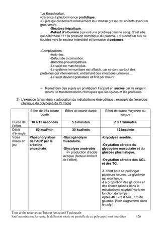 *Le Kwashiorkor.
                       -Carence à prédominance protidique.
                       -Sujets qui conservent relativement leur masse grasse => enfants ayant un
                       gros ventre.
                              -Stéatose hépatique.
                              -Défaut d’albumine (qui est une protéine) dans le sang. C’est elle
                       qui détermine +++ la pression osmotique du plasma. Il y a donc un flux de
                       liquides vers le secteur interstitiel et formation d’oedèmes.


                       -Complications :
                              -Anémies.
                              -Défaut de cicatrisation.
                              -Broncho-pneumopathies.
                              -Le sujet ne marche plus.
                              -Le système immunitaire est affaibli, car ce sont surtout des
                       protéines qui interviennent, entraînant des infections urinaires…
                              -Le sujet devient grabataire et finit par mourir.


                        Renutrition des sujets en privilégiant l’apport en sucres car ils exigent
                           moins de transformations chimiques que les lipides et les protéines.

   2) L’exercice (cf schéma « adaptation du métabolisme énergétique : exemple de l’exercice
      physique du polycopié du Pr Tack)

               Effort de très courte       Effort de courte durée           Effort de durée moyenne ou
                       durée                                                           longue

Durée de        10 à 15 secondes                 ≤ 3 minutes                       ≥ 3 à 5minutes
l’effort
Débit              50 kcal/min                   30 kcal/min                         12 kcal/min
d’énergie
Voies         Phosphorylation            -Glycogénolyse                  -Glycolyse aérobie.
mises en      de l’ADP par la            musculaire.
jeu           créatine                                                   -Oxydation aérobie du
              phosphate.                 -Glycolyse anaérobie            glycogène musculaire et du
                                            => production d’acide        glucose plasmatique.
                                         lactique (facteur limitant
                                         de l’effort).                   -Oxydation aérobie des AGL
                                                                         et des TG.

                                                                         -L’effort peut se prolonger
                                                                         plusieurs heures. La glycémie
                                                                         est maintenue.
                                                                         -La proportion des glucides et
                                                                         des lipides utilisés dans le
                                                                         métabolisme oxydatif varie en
                                                                         fonction du temps.
                                                                         Après 4h : 2/3 d’AGL, 1/3 de
                                                                         glucose. (Voir diagramme dans
                                                                         le poly.)

Tous droits réservés au Tutorat Associatif Toulousain
Sauf autorisation, la vente, la diffusion totale ou partielle de ce polycopié sont interdites      126
 