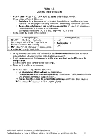 Fiche 12 :
                                       Liquide intra-cellulaire
   -   VLIC = VHT – VLEC = 60 – 20 = 40 % du poids chez un sujet moyen.
   -   Composition difficile à déterminer :
          O Problème du prélèvement => on préfère des cellules accessibles et en grand
             nombre : par simple prise de sang (hématies, leucocytes), par culture cellulaire...
          O Toutes les cellules n’ont pas la même composition en eau et en substances
             minérales quant à leur liquide intra-cellulaire.
             Exemples : hépatocyte : 70 % d’eau / adipocyte : 10 % d’eau.
   -   Composition du liquide intra-cellulaire :

                 Cations principaux                                         Anions principaux
       +
 O K : [K ] ≈ 150 mEq/L >> kaliémie
             +
                                                              O PO    3−
                                                                      4
   (=> presque tout le K+ de l’organisme se                   O Protéinates ++
   trouve à l’intérieur des cellules).                        O SO4 − .
                                                                   2
 O Mg2+ : [Mg2+] ≈ 40-50 mEq/L >> magnésémie.
 O Peu de Na+ : [Na+] << natrémie.

    Le liquide intra-cellulaire a une composition totalement différente de celle du liquide
       extra-cellulaire (et notamment de celle du plasma sanguin).
    Il faut en permanence des transports actifs pour maintenir cette différence de
     composition.
     Ces transports actifs sont coûteux en énergie.
    Dépense énergétique permanente.

   -   Remarque : dans le liquide intra-cellulaire :
         O La dissociation électrolytique est incomplète.
         O De nombreux ions sont liés aux protéines (=> ne développent pas eux-mêmes
            une pression osmotique supplémentaire).
         => malgré les différences de concentrations ioniques entre ces deux liquides,
         POintra-cellulaire ≈ POextra-cellulaire (à l’état physiologique).




Tous droits réservés au Tutorat Associatif Toulousain
Sauf autorisation, la vente, la diffusion totale ou partielle de ce polycopié sont interdites   25
 