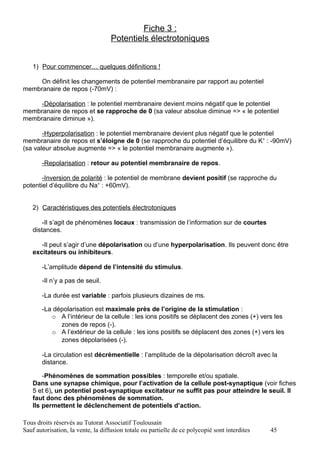 Fiche 3 :
                                    Potentiels électrotoniques


   1) Pour commencer… quelques définitions !

     On définit les changements de potentiel membranaire par rapport au potentiel
membranaire de repos (-70mV) :

     -Dépolarisation : le potentiel membranaire devient moins négatif que le potentiel
membranaire de repos et se rapproche de 0 (sa valeur absolue diminue => « le potentiel
membranaire diminue »).

       -Hyperpolarisation : le potentiel membranaire devient plus négatif que le potentiel
membranaire de repos et s’éloigne de 0 (se rapproche du potentiel d’équilibre du K+ : -90mV)
(sa valeur absolue augmente => « le potentiel membranaire augmente »).

       -Repolarisation : retour au potentiel membranaire de repos.

       -Inversion de polarité : le potentiel de membrane devient positif (se rapproche du
potentiel d’équilibre du Na+ : +60mV).


   2) Caractéristiques des potentiels électrotoniques

       -Il s’agit de phénomènes locaux : transmission de l’information sur de courtes
   distances.

      -Il peut s’agir d’une dépolarisation ou d’une hyperpolarisation. Ils peuvent donc être
   excitateurs ou inhibiteurs.

       -L’amplitude dépend de l’intensité du stimulus.

       -Il n’y a pas de seuil.

       -La durée est variable : parfois plusieurs dizaines de ms.

       -La dépolarisation est maximale près de l’origine de la stimulation :
          o A l’intérieur de la cellule : les ions positifs se déplacent des zones (+) vers les
             zones de repos (-).
          o A l’extérieur de la cellule : les ions positifs se déplacent des zones (+) vers les
             zones dépolarisées (-).

       -La circulation est décrémentielle : l’amplitude de la dépolarisation décroît avec la
       distance.

       -Phénomènes de sommation possibles : temporelle et/ou spatiale.
   Dans une synapse chimique, pour l’activation de la cellule post-synaptique (voir fiches
   5 et 6), un potentiel post-synaptique excitateur ne suffit pas pour atteindre le seuil. Il
   faut donc des phénomènes de sommation.
   Ils permettent le déclenchement de potentiels d’action.

Tous droits réservés au Tutorat Associatif Toulousain
Sauf autorisation, la vente, la diffusion totale ou partielle de ce polycopié sont interdites   45
 