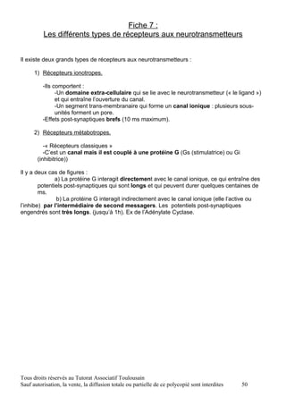 Fiche 7 :
          Les différents types de récepteurs aux neurotransmetteurs


Il existe deux grands types de récepteurs aux neurotransmetteurs :

      1) Récepteurs ionotropes.

          -Ils comportent :
                -Un domaine extra-cellulaire qui se lie avec le neurotransmetteur (« le ligand »)
                et qui entraîne l’ouverture du canal.
                -Un segment trans-membranaire qui forme un canal ionique : plusieurs sous-
                unités forment un pore.
          -Effets post-synaptiques brefs (10 ms maximum).

      2) Récepteurs métabotropes.

          -« Récepteurs classiques »
          -C’est un canal mais il est couplé à une protéine G (Gs (stimulatrice) ou Gi
       (inhibitrice))

Il y a deux cas de figures :
               a) La protéine G interagit directement avec le canal ionique, ce qui entraîne des
        potentiels post-synaptiques qui sont longs et qui peuvent durer quelques centaines de
        ms.
               b) La protéine G interagit indirectement avec le canal ionique (elle l’active ou
l’inhibe) par l’intermédiaire de second messagers. Les potentiels post-synaptiques
engendrés sont très longs. (jusqu’à 1h). Ex de l’Adénylate Cyclase.




Tous droits réservés au Tutorat Associatif Toulousain
Sauf autorisation, la vente, la diffusion totale ou partielle de ce polycopié sont interdites   50
 