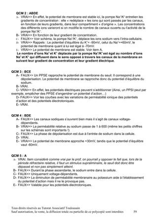 QCM 2 : ABDE
   A- VRAI=> En effet, le potentiel de membrane est stable ici, la pompe Na+/K+ entretien les
      gradients de concentration : elle « redéplace » les ions qui sont passés par les canaux,
      en fonction de leurs gradients, dans leur compartiment « d’origine ». Les concentrations
      des différents ions varieront si on modifie le nombre de canaux ouverts ou l’activité de la
      pompe Na+/K+.
   B- VRAI=> En fonction de leur gradient de concentration.
   C- FAUX=> Voir schéma, la pompe Na+/K+, déplace les ions sodium vers l’intra-cellulaire.
   D- VRAI=> Rappels : Le potentiel d’équilibre du K+= -90mV, celui du Na+=+60mV, le
      potentiel de membrane quant à lui est égal à -70mV.
   E- VRAI=> Le potentiel de membrane est stable. Voir item A.
   Le nombre d’ions Na+ et K+ déplacés par la pompe Na+/K+ est égal au nombre d’ions
   Na+ et K+ qui diffusent dans le sens opposé à travers les canaux de la membrane en
   suivant leur gradient de concentration et leur gradient électrique.


QCM 3 : BCE
   A- FAUX=> Un PPSE rapproche le potentiel de membrane du seuil. Il correspond à une
      dépolarisation. Le potentiel de membrane se rapproche donc du potentiel d’équilibre du
      sodium.
   B- VRAI.
   C- VRAI=> En effet, les potentiels électriques peuvent s’additionner (Ainsi, un PPSI peut par
exemple, empêcher des PPSE d’engendrer un potentiel d’action…)
   D- FAUX=> Voir les courbes avec les variations de perméabilité ionique des potentiels
   d’action et des potentiels électrotoniques.
   E- VRAI.


QCM 4 : BDE
  A- FAUX=> Les canaux sodiques s’ouvrent bien mais il s’agit de canaux voltage-
     dépendants.
  B- VRAI=> La perméabilité relative au sodium passe de 1 à 600 (même les petits chiffres
     sur les schémas sont importants !)
  C- FAUX=> La phase de dépolarisation est due à l’entrée de sodium dans la cellule.
  D- VRAI.
  E- VRAI=> Le potentiel de membrane approche +30mV, tandis que le potentiel d’équilibre
     vaut -60mV.


QCM 5 : A
 A- VRAI. Item considéré comme vrai par le prof, on pourrait y opposer le fait que, lors de la
    période réfractaire relative, il faut un stimulus supraliminaire, le seuil doit donc être
    dépassé et non pas simplement atteint.
 B- FAUX=> Durant la phase ascendante, le sodium entre dans la cellule.
 C- FAUX=> Uniquement voltage-dépendants.
 D- FAUX=> La diminution de perméabilité membranaire au potassium aide à l’établissement
    du potentiel d’action mais il ne le provoque pas.
 E- FAUX=> Valable pour les potentiels électrotoniques.




Tous droits réservés au Tutorat Associatif Toulousain
Sauf autorisation, la vente, la diffusion totale ou partielle de ce polycopié sont interdites   59
 