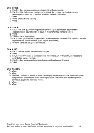 QCM 6 : CDE
  A- FAUX=> Les canaux potassiques laissent le potassium sortir.
  B- FAUX=> Voir l’allure des courbes de la fiche 4. Le nombre maximal de canaux
     potassiques ouverts est postérieur au début de la repolarisation.
  C- VRAI.
  D- VRAI. (Voir schéma fiche 4)
  E- VRAI.



QCM 7 : BCE
  A- FAUX=> Il faut, qu’au niveau post-synaptique, il y ait sommation de potentiels
     électrotoniques pour atteindre le seuil et déclencher le potentiel d’action.
  B- VRAI.
  C- VRAI=> Hyperpolarisation.
  D- FAUX=> La génération d’un potentiel d’action nécessite un seul PPSE, que l’on appelle
     le potentiel de plaque motrice. (Voir physio musculaire.)
  E- VRAI=> Dans les synapses électriques.


QCM 8 : BE
  A- FAUX=> Ce sont des récepteurs ionotropes.
  B- VRAI.
  C- FAUX=> Au niveau de la synapse neuro-musculaire, un PPSE suffit, on l’appelle le
     potentiel de plaque motrice.
  D- FAUX=> Les synapses glutaminergiques sont les plus nombreuses.
  E- VRAI.


QCM 9 : ABDE
  A- VRAI.
  B- VRAI.
  C- FAUX=> L’activation des récepteurs cholinergiques correspond à l’activation du para-
     sympathique, au niveau du cœur celui-ci provoque une diminution de la fréquence
     cardiaque. (Système activé au repos..)
  D- VRAI.
  E- VRAI.




Tous droits réservés au Tutorat Associatif Toulousain
Sauf autorisation, la vente, la diffusion totale ou partielle de ce polycopié sont interdites   60
 