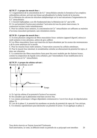 QCM 27 : A propos du muscle lisse :
A. L’augmentation de la concentration de Ca2+ intracellulaire entraîne la formation d’un complexe
calmoduline-calcium, activant une kinase qui phosphoryle la chaîne lourde de la myosine.
B. La libération du calcium du réticulum endoplasmique est le seul mécanisme d’augmentation du
Ca2+ intracellulaire.
C. L’inositol triphosphate a un rôle fondamental dans la libération du Ca2+ par le RE.
D. Un seul potentiel d’action peut entraîner l’activation de tous les ponts transversaux; la
contraction est donc totale immédiatement.
E. Pour les cellules lisses unitaires, la concentration de Ca2+ intracellulaire est suffisante au maintien
d’un tonus musculaire permanent, sans stimulation externe.

QCM 28 : A propos du muscle lisse :
A. Il existe plusieurs catégories de fibres musculaires lisses: unitaires (appareil digestif, utérus) et
multi unitaires (voies aériennes, artères de gros calibre).
B. Les fibres musculaires lisses sont innervées de façon abondante par les axones des motoneurones
α de la corne antérieure de la moelle.
C. Pour les muscles lisses multi unitaires, l’innervation concerne les cellules entraîneurs.
D. Pour le muscle lisse intestinal, la noradrénaline entraîne un abaissement du potentiel de repos, et
donc une relaxation.
E. La contraction des fibres musculaires lisses peut être aussi modulée par des facteurs locaux,
comme la composition du liquide extra cellulaire, par l’intermédiaire d’une modification de la
concentration en Ca2+ intracellulaire.

QCM 29 : A propos du schéma suivant :
Potentiel de membrane en mV
       2 3      4




                                              Temps
         1       5

A. Il s’agit du schéma d’un potentiel d’action d’un neurone.
B. On considère que le phénomène total dure environ 5ms.
C. Les canaux potassiques voltages dépendants commencent à s’ouvrir lors du pic de dépolarisation
(phase 3).
D. Lors de la phase 5, le potentiel de membrane est proche du potentiel de repos de l’ion calcium.
E. Un stimulus supraliminaire peut déclencher un potentiel d’action s’il est appliqué en phase 2.




Tous droits réservés au Tutorat Associatif Toulousain
Sauf autorisation, la vente, la diffusion totale ou partielle de ce polycopié sont interdites      20
 