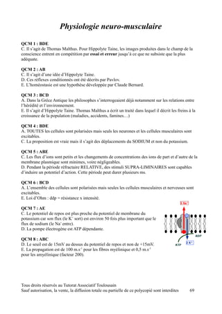 Physiologie neuro-musculaire
QCM 1 : BDE
C. Il s’agit de Thomas Malthus. Pour Hippolyte Taine, les images produites dans le champ de la
conscience entrent en compétition par essai et erreur jusqu’à ce que ne subsiste que la plus
adéquate.

QCM 2 : AB
C. Il s’agit d’une idée d’Hippolyte Taine.
D. Ces réflexes conditionnés ont été décrits par Pavlov.
E. L’homéostasie est une hypothèse développée par Claude Bernard.

QCM 3 : BCD
A. Dans la Grèce Antique les philosophes s’interrogeaient déjà notamment sur les relations entre
l’hérédité et l’environnement.
E. Il s’agit d’Hippolyte Taine. Thomas Malthus a écrit un traité dans lequel il décrit les freins à la
croissance de la population (maladies, accidents, famines…)

QCM 4 : BDE
A. TOUTES les cellules sont polarisées mais seuls les neurones et les cellules musculaires sont
excitables.
C. La proposition est vraie mais il s’agit des déplacements du SODIUM et non du potassium.

QCM 5 : ABE
C. Les flux d’ions sont petits et les changements de concentrations des ions de part et d’autre de la
membrane plasmique sont minimes, voire négligeables.
D. Pendant la période réfractaire RELATIVE, des stimuli SUPRA-LIMINAIRES sont capables
d’induire un potentiel d’action. Cette période peut durer plusieurs ms.

QCM 6 : BCD
A. L’ensemble des cellules sont polarisées mais seules les cellules musculaires et nerveuses sont
excitables.
E. Loi d’Ohm : ddp = résistance x intensité.

QCM 7 : AE
C. Le potentiel de repos est plus proche du potentiel de membrane du
potassium car son flux (le K+ sort) est environ 50 fois plus important que le
flux de sodium (le Na+ entre).
D. La pompe électrogène est ATP dépendante.

QCM 8 : ABC
D. Le seuil est de 15mV au dessus du potentiel de repos et non de +15mV.
E. La propagation est de 100 m.s-1 pour les fibres myélinique et 0,5 m.s-1
pour les amyélinique (facteur 200).




Tous droits réservés au Tutorat Associatif Toulousain
Sauf autorisation, la vente, la diffusion totale ou partielle de ce polycopié sont interdites     69
 