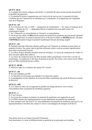 QCM 9 : BCD
A. La plupart des canaux sodiques sont fermés. Le potentiel de repos est plus proche du potentiel
d’équilibre du potassium.
E. Le potentiel d’action n’augmente pas car il suit la loi du tout ou rien. Le potentiel d’action
n’informe pas sur l’intensité de la stimulation qui l’a déclenché. Il ne dépend pas de l’amplitude
mais de la fréquence.

QCM 10 : AD
B. Il y a fixation de 3 Na+ et 1ATP > changement de conformation > Na+ passe à l’extérieur de la
cellule > fixation de 2 K+ > déphosphorylation et expulsion des ions après retour à la
conformation initiale.
C. Na+ 150mmol/L en extracellulaire et 15mmol/L en intracellulaire.
E. On dit qu’une cellule est DEpolarisée quand son potentiel de membrane devient positif. Quand il
est moins négatif tout en restant en dessous de 0, on dit que la cellule est HYPOpolarisée. On parle
d’HYPERpolarisation lorsque le potentiel membranaire devient davantage négatif.

QCM 11 : AD
B. Pendant la période réfractaire absolue quelle que soit l’intensité un stimulus ne peut initier un
potentiel d’action. Par contre, dans la période réfractaire relative seul un stimulus supraliminaire
peut initier un potentiel d’action.
C. Les fibres de gros diamètre émettent moins de résistance : la vitesse de conduction de l’influx va
donc être plus rapide dans celles-ci.
E. La vitesse de conduction pour une fibre de petit calibre amyélinique est de 0,5m/s car elle est
amyélinique ; la conduction se fait donc de proche en proche. Par contre, cette vitesse est de 100m/s
pour une fibre myélinisée de gros calibre.

QCM 12 : BCDE
A. Même au repos il y a toujours des canaux Na+ ouverts.

QCM 13 : AD
B. Ils sont multipliés par 600.
C. La lidocaïne est un toxique qui empêche l’ouverture des canaux.
E. La propagation est dite saltatoire au niveau des fibres myélinisées (de nœud de Ranvier en nœud
de Ranvier).

QCM 14 : ABC
D. et E. Dans ces deux cas on augmente le gradient de charges positives vers le milieu
extracellulaire donc le potentiel de membrane augmente.

QCM 15 : A
B. C’est l’inverse.
C. Au niveau des synapses excitatrices le potentiel de membrane sera rapproché du seuil.
D. Un PPSI entraîne une hyperpolarisation ou une stabilisation du potentiel de membrane.
E. Sans transport actif des ions Cl- il y aura stabilisation du potentiel de membrane, pour qu’il y ait
hyperpolarisation l’ouverture des canaux Cl- devra s’accompagner du transport actif des Cl-.




Tous droits réservés au Tutorat Associatif Toulousain
Sauf autorisation, la vente, la diffusion totale ou partielle de ce polycopié sont interdites    70
 