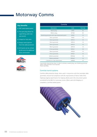 81All dimensions provided are nominal.
Comtite transit systems
Comtite cable protection plugs, when used in conjunction with the insertable cable
grommets, ensures full compliance with the requirements of Series 1530 of the
Highways Agency Specification for Highway Works and is the only transit system
accredited by the BBA for motorway comms. When used with Ridgiduct it
completes a certified sealed system.
Key benefits
• IP47 rated sealed system
• BBA approved
• Allows for rapid fitting,
both new and retrofit
• Integral test valve
• Design resists ejection
from the cable protection
• All 4 ports can be utilised
by the use of an additional
draw cord bracket
Comtite
Description Code Pack Qty
94mm plug DP94 L 40
100mm plug DP100 L 40
Blanking grommet with rope attachment point DPG0 L 10
9mm grommet DPG9 L 10
12mm grommet DPG12 L 10
14mm grommet DPG14 L 10
16mm grommet DPG16 L 10
18mm grommet DPG18 L 10
21mm grommet DPG21 L 10
24mm grommet DPG24 L 10
27mm grommet DPG27 L 10
4 x 9mm grommet DPG9X4 L 10
7 x 9mm grommet DPG9X7 L 10
L Made to order and subject to lead times.
4 grommets required per plug. In order to achieve a sealed plug, use a blanking grommet
where cable grommet is not required.
Patent pending.
BBA
BRITISH
BOARD OF
AGRÉMENT
CERTIFICATE No. 13/H205
Cable Protection Systems 7B
Tel: +44 (0)191 490 1547
Fax: +44 (0)191 477 5371
Email: northernsales@thorneandderrick.co.uk
Website: www.cablejoints.co.uk
www.thorneanderrick.co.uk
 