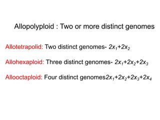 Allopolyploid : Two or more distinct genomes
Allotetrapolid: Two distinct genomes- 2x1+2x2
Allohexaploid: Three distinct genomes- 2x1+2x2+2x3
Allooctaploid: Four distinct genomes2x1+2x2+2x3+2x4
 