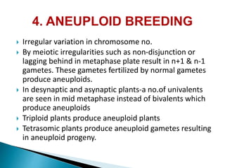  Irregular variation in chromosome no.
 By meiotic irregularities such as non-disjunction or
lagging behind in metaphase plate result in n+1 & n-1
gametes. These gametes fertilized by normal gametes
produce aneuploids.
 In desynaptic and asynaptic plants-a no.of univalents
are seen in mid metaphase instead of bivalents which
produce aneuploids
 Triploid plants produce aneuploid plants
 Tetrasomic plants produce aneuploid gametes resulting
in aneuploid progeny.
 