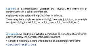 Euploidy is a chromosomal variation that involves the entire set of
chromosomes in a cell or an organism.
Euploidy is more tolerated in plants than in animals.
There may be a single set (monoploidy), two sets (diploidy), or multiple
sets (polyploidy, i.e. triploid, tetraploid, pentaploid, hexaploid, etc.)
Aneuploidy: A condition in which a person has one or a few chromosomes
above or below the normal chromosome number.
• It might be having an extra chromosome or a missing chromosome
• 2n+1; 2n+2 or 2n-1; 2n-2