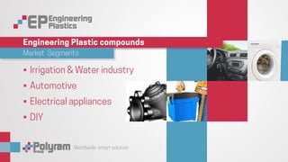 Worldwide smart solution
Polytron FamiliesEngineering Plastic compounds
•	Irrigation & Water industry
•	Automotive
•	Electrical appliances
•	DIY
Market Segments
 