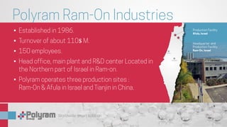 Worldwide smart solution
Polyram Ram-On Industries
•	 Established in 1986.
•	 Turnover of about 110$ M.
•	 150 employees.
•	 Head office, main plant and R&D center Located in
the Northern part of Israel in Ram-on.
•	 Polyram operates three production sites :
Ram-On & Afula in Israel and Tianjin in China.
Headquarter and
Production Facility
Ram-On, Israel
Production Facility
Afula, Israel
Tel Aviv
Jerusalem
 