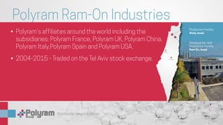 Worldwide smart solution
Polyram Ram-On Industries
Headquarter and
Production Facility
Ram-On, Israel
Production Facility
Afula, Israel
Tel Aviv
Jerusalem
•	 Polyram’s affiliates around the world including the
subsidiaries: Polyram France, Polyram UK, Polyram China,
Polyram Italy,Polyram Spain and Polyram USA.
•	 2004-2015 - Traded on the Tel Aviv stock exchange.
 