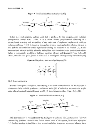 Molecules 2009, 14                                                                                  2544

                            Figure 3. The structure of bacterial cellulose [80].




    Gellan is a multifunctional gelling agent that is produced by the non-pathogenic bacterium
Sphingomonas elodea ATCC 31461. It is a linear, anionic polysaccharide consisting of a
tetrasaccharide repeating unit comprising of two molecules of D-glucose, D-glucuronic acid and
L-rhamnose (Figure 4) [34]. In its native form, gellan forms an elastic gel and in solution, it is able to
hold particles in suspension without significantly altering the viscosity of the solution [35]. It also
shows thermal and acid stability, elasticity and rigidity, high transparency and good flavour release.
Gellan is commercially available as Gelrite, a substitute of agar, and Kelcogel® F and Kelcogel®
LT100, which are food-grade gellans. It is also used as an excipient for drug delivery applications [34].

                            Figure 4. The primary structure of gellan gum [74].




9.2.2. Betaproteobacteria

  Bacteria of the genus Alcaligenes, which belong to the order Burkholderiales, are the producers of
two commercially available products – curdlan and welan [35]. Curdlan is a low molecular weight,
water soluble linear polysaccharide made up of β-1,3-linked glucose residues (Figure 5) [35,81].

                               Figure 5. Chemical structure of curdlan [83].




   This polysaccharide is produced mainly by Alcaligenes faecalis and also Agrobacterium. However,
commercially produced curdlan comes from a mutant strain of Alcaligenes faecalis var. myxogenes
[35]. Curdlan is unique in its ability to form an elastic gel when its aqueous suspension is heated above
 