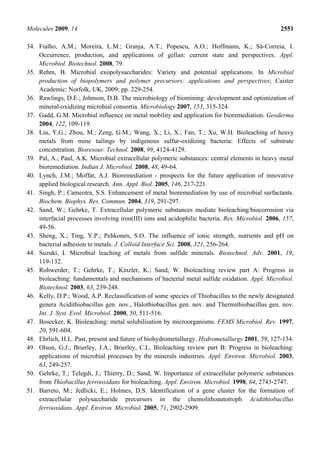 Molecules 2009, 14                                                                                2551

34. Fialho, A.M.; Moreira, L.M.; Granja, A.T.; Popescu, A.O.; Hoffmann, K.; Sá-Correia, I.
    Occurrence, production, and applications of gellan: current state and perspectives. Appl.
    Microbiol. Biotechnol. 2008, 79.
35. Rehm, B. Microbial exopolysaccharides: Variety and potential applications. In Microbial
    production of biopolymers and polymer precursors: applications and perspectives; Caister
    Academic: Norfolk, UK, 2009; pp. 229-254.
36. Rawlings, D.E.; Johnson, D.B. The microbiology of biomining: development and optimization of
    mineral-oxidizing microbial consortia. Microbiology 2007, 153, 315-324.
37. Gadd, G.M. Microbial influence on metal mobility and application for bioremediation. Geoderma
    2004, 122, 109-119.
38. Liu, Y.G.; Zhou, M.; Zeng, G.M.; Wang, X.; Li, X.; Fan, T.; Xu, W.H. Bioleaching of heavy
    metals from mine tailings by indigenous sulfur-oxidizing bacteria: Effects of substrate
    concentration. Bioresour. Technol. 2008, 99, 4124-4129.
39. Pal, A.; Paul, A.K. Microbial extracellular polymeric substances: central elements in heavy metal
    bioremediation. Indian J. Microbiol. 2008, 48, 49-64.
40. Lynch, J.M.; Moffat, A.J. Bioremediation - prospects for the future application of innovative
    applied biological research. Ann. Appl. Biol. 2005, 146, 217-221.
41. Singh, P.; Cameotra, S.S. Enhancement of metal bioremediation by use of microbial surfactants.
    Biochem. Biophys. Res. Commun. 2004, 319, 291-297.
42. Sand, W.; Gehrke, T. Extracellular polymeric substances mediate bioleaching/biocorrosion via
    interfacial processes involving iron(III) ions and acidophilic bacteria. Res. Microbiol. 2006, 157,
    49-56.
43. Sheng, X.; Ting, Y.P.; Pehkonen, S.O. The influence of ionic strength, nutrients and pH on
    bacterial adhesion to metals. J. Colloid Interface Sci. 2008, 321, 256-264.
44. Suzuki, I. Microbial leaching of metals from sulfide minerals. Biotechnol. Adv. 2001, 19,
    119-132.
45. Rohwerder, T.; Gehrke, T.; Kinzler, K.; Sand, W. Bioleaching review part A: Progress in
    bioleaching: fundamentals and mechanisms of bacterial metal sulfide oxidation. Appl. Microbiol.
    Biotechnol. 2003, 63, 239-248.
46. Kelly, D.P.; Wood, A.P. Reclassification of some species of Thiobacillus to the newly designated
    genera Acidithiobacillus gen. nov., Halothiobacillus gen. nov. and Thermithiobacillus gen. nov.
    Int. J. Syst. Evol. Microbiol. 2000, 50, 511-516.
47. Bosecker, K. Bioleaching: metal solubilisation by microorganisms. FEMS Microbiol. Rev. 1997,
    20, 591-604.
48. Ehrlich, H.L. Past, present and future of biohydrometallurgy. Hydrometallurgy 2001, 59, 127-134.
49. Olson, G.J.; Brierley, J.A.; Brierley, C.L. Bioleaching review part B: Progress in bioleaching:
    applications of microbial processes by the minerals industries. Appl. Environ. Microbiol. 2003,
    63, 249-257.
50. Gehrke, T.; Telegdi, J.; Thierry, D.; Sand, W. Importance of extracellular polymeric substances
    from Thiobacillus ferrooxidans for bioleaching. Appl. Environ. Microbiol. 1998, 64, 2743-2747.
51. Barreto, M.; Jedlicki, E.; Holmes, D.S. Identification of a gene cluster for the formation of
    extracellular polysaccharide precursors in the chemolithoautotroph Acidithiobacillus
    ferrooxidans. Appl. Environ. Microbiol. 2005, 71, 2902-2909.
 