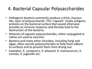 4. Bacterial Capsular Polysaccharides
• Pathogenic bacteria commonly produce a thick, mucous-
like, layer of polysaccharide. This "capsule" cloaks antigenic
proteins on the bacterial surface that would otherwise
provoke an immune response and thereby lead to the
destruction of the bacteria.
• Mixtures of capsular polysaccharides, either conjugated or
native are used as vaccines.
• Bacteria and many other microbes, including fungi and
algae, often secrete polysaccharides to help them adhere
to surfaces and to prevent them from drying out.
• Examples: X. campestris, X. phaseoli, X. malvacearum, X.
carotae, X. juglandis etc.
8
 