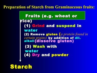 Preparation of Starch fromPreparation of Starch from GGraminaceous fruits:raminaceous fruits:
(1)(1) GrindGrind andand suspendsuspend inin
waterwater
(2) Remove(2) Remove glutengluten ((a protein found in
certain grains) byby addition ofaddition of dil.dil.
alkalialkali
StarchStarch
((44)) DryDry andand powderpowder
(dissolve gluten)
((33)) WashWash withwith
waterwater
Fruits (e.g. wFruits (e.g. w heat orheat or
rriceice))
 