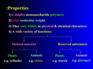 PropertiesProperties::
4) A4) A wide varietywide variety ofof functionsfunctions::
e.g.e.g. chitinchitin
2)2) HighHigh molecular weight.molecular weight.
1)1) ComplexComplex monosaccharidemonosaccharide polymers.polymers.
Skeletal materialSkeletal material
PlantsPlants
e.g.e.g. celluolsecelluolse
AnimalsAnimals
Reserved substancesReserved substances
e.g.e.g. glycogenglycogen
PlantsPlants AnimalsAnimals
e.g. starche.g. starch
3)3) TheyThey vary widelyvary widely inin physicalphysical && chemicalchemical characters.characters.
 