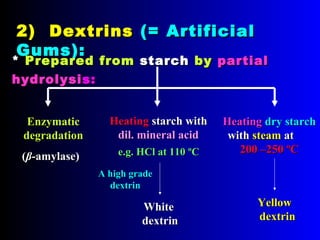 2) Dextrins2) Dextrins (= Artificial(= Artificial
Gums):Gums):
** PPreparedrepared fromfrom starchstarch byby partialpartial
hydrolysihydrolysis:s:
EnzymaticEnzymatic
degradationdegradation
e.g. HCl at 110e.g. HCl at 110 ºCºC
WhiteWhite
dextrindextrin
A high gradeA high grade
dextrindextrin
HeatingHeating dry starchdry starch
withwith steamsteam atat
200 –250200 –250 ºCºC
YellowYellow
dextrindextrin
))ββ-amylase-amylase((
HeatingHeating starch withstarch with
dil. mineral aciddil. mineral acid
 