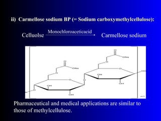 ii) Carmellose sodium BP (= Sodium carboxymethylcellulose):ii) Carmellose sodium BP (= Sodium carboxymethylcellulose):
Celluolse
Monochloroaceticacid
Carmellose sodium
Pharmaceutical and medical applications are similar to
those of methylcellulose.
 