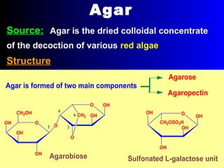 Agar
Source: Agar is the dried colloidal concentrate
of the decoction of various red algae
Structure
Agar is formed of two main components
OOH
O
OH
OH
CH2OH
O
CH2
O
OH
OH6
1
4
3
Agarobiose
O
CH2OSO3H
OH
OH
OH
Sulfonated L-galactose unit
OH
Agaropectin
Agarose
 
