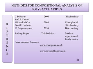 METHODS FOR COMPOSITIONAL ANALYSIS OF
POLYSACCHARIDES
C.B.Powar 2006 Biochemistry
& G.R.Chatwal
Michael M.Cox 2008 Principles of
David L.Nelson Biochemistry
U. Satyanarayana 2010 Biochemistry
Rodney Boyer Third edition Modern
experimental
biochemistry
Some contents from net-
www.chemguide.co.uk
www.novapublishers.com
31
R
E
F
E
R
E
N
C
E
 