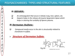 27
POLYSACCHARIDES- TYPES AND STRUCTURAL FEATURES
P
O
L
Y
S
A
C
C
H
A
R
I
D
E
S
D) HEPARIN:-
 An anticoagulant that occurs in blood, lung, liver, spleen, etc.
 Heparin helps in the release of enzyme lipoprotein lipase which
helps in clearing the turbidity of lipemic plasma.
E) Dermatan Sulfate:-
 Compound mostly occur in the skin is structurally related to
chondrotin 4-sulfate.
 Structure of Dermatan Sulfate:
Fig 10 -
 