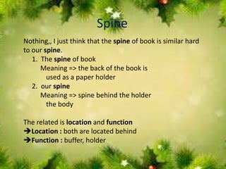 Spine
Nothing,, I just think that the spine of book is similar hard
to our spine.
1. The spine of book
Meaning => the back of the book is
used as a paper holder
2. our spine
Meaning => spine behind the holder
the body
The related is location and function
Location : both are located behind
Function : buffer, holder

 