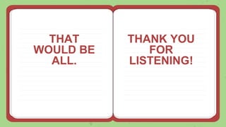 THANK YOU
FOR
LISTENING!
THAT
WOULD BE
ALL.
 